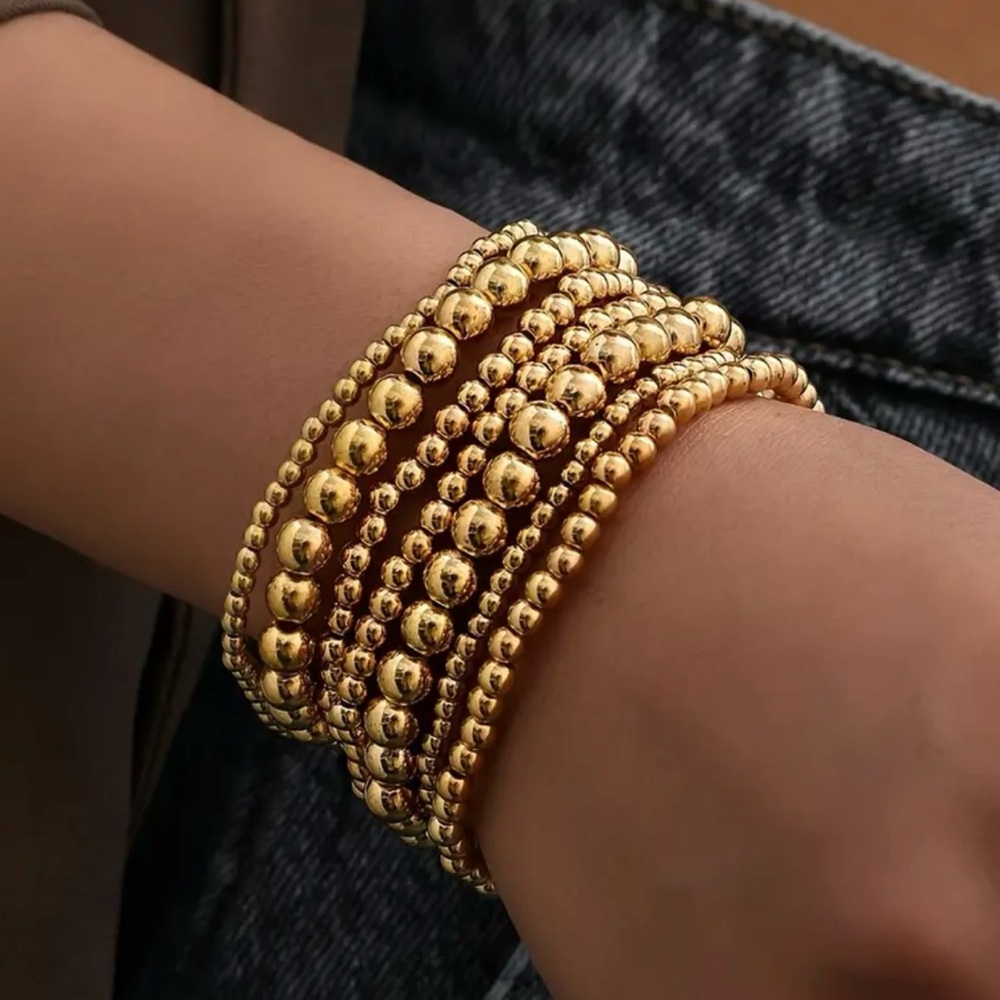 7-Piece Gold Beaded Stretch Stackable Bracelet Set — Boho Vibes NWT